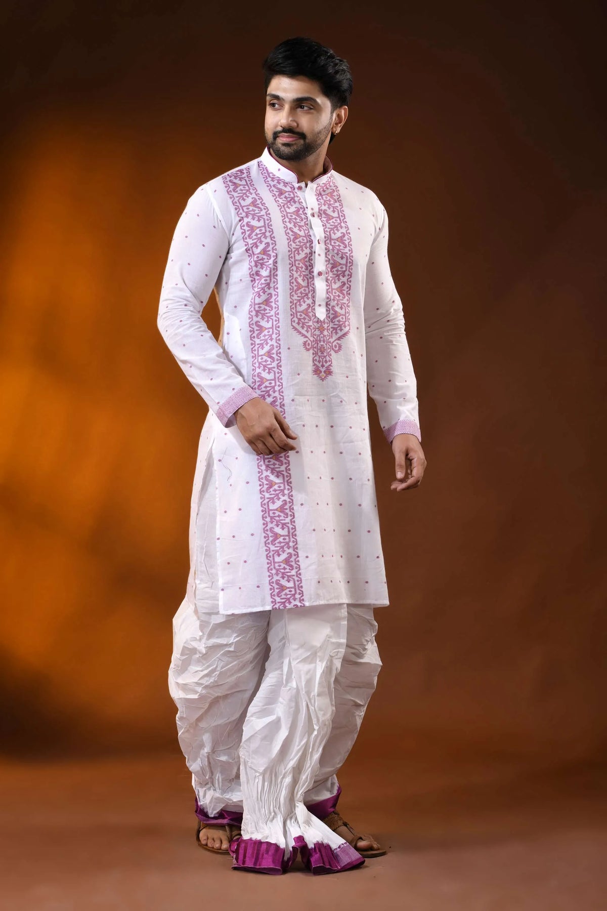 White pure cotton jamdani kurta for men with mauve ethnic design 4