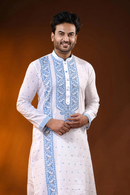 White pure cotton jamdani kurta for men with sky blue ethnic design 2