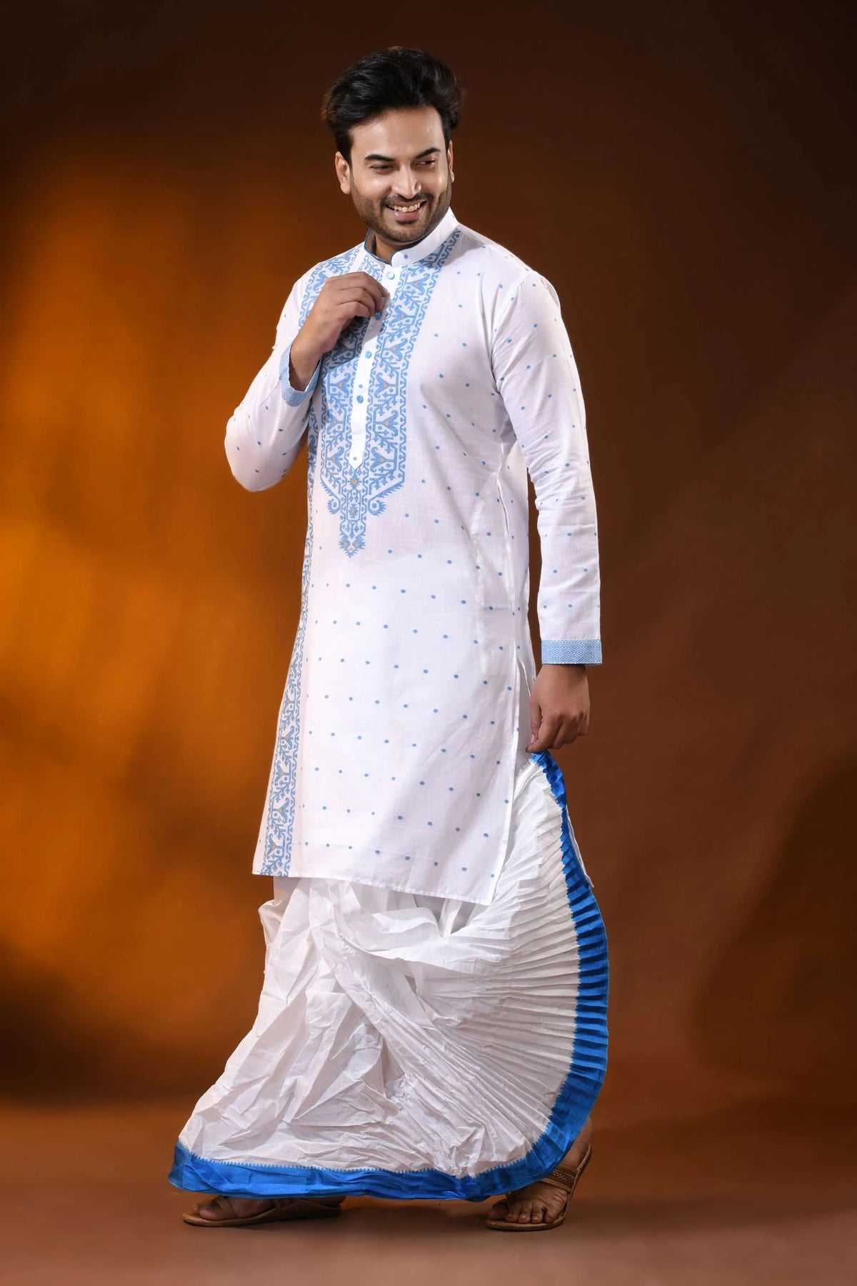 White pure cotton jamdani kurta for men with sky blue ethnic design 3