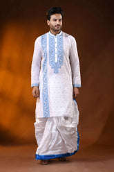 White pure cotton jamdani kurta for men with sky blue ethnic design 6