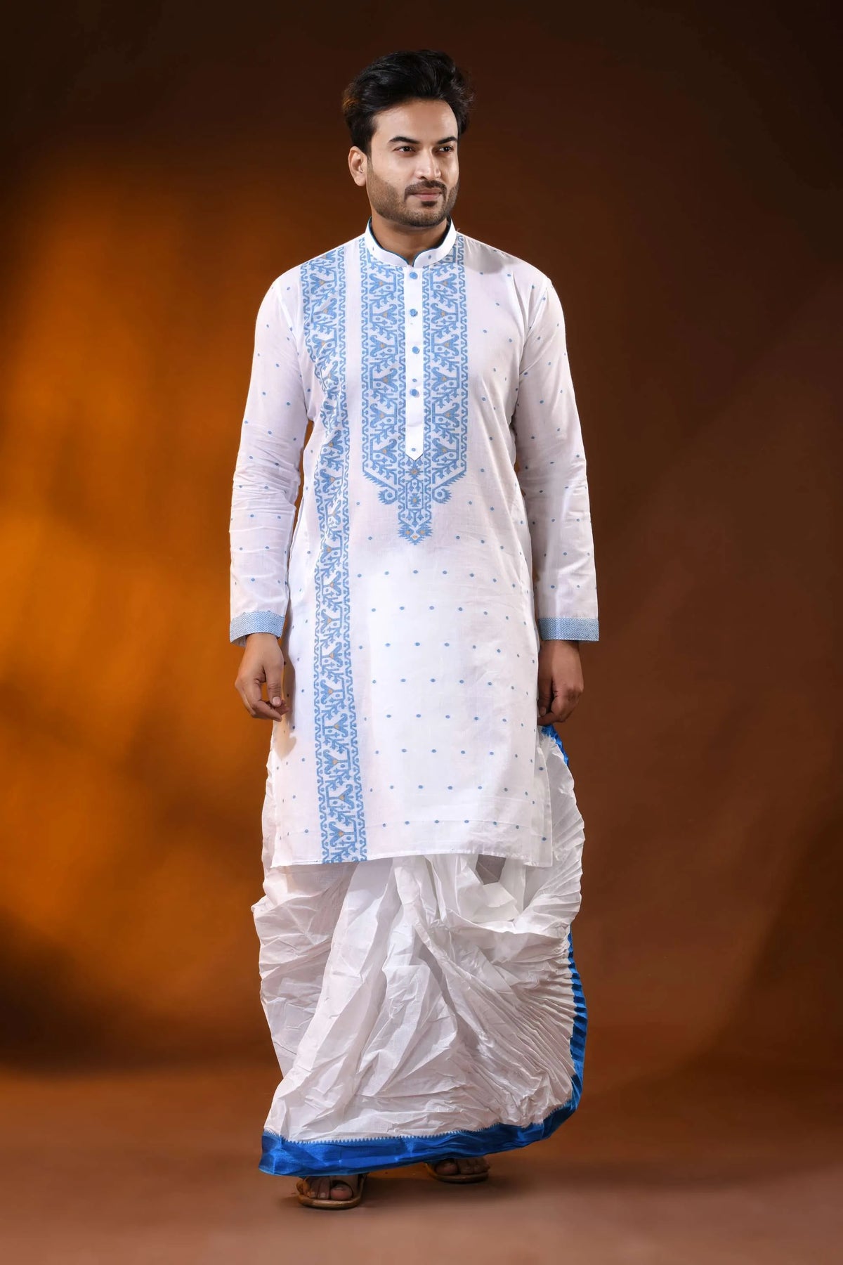 White pure cotton jamdani kurta for men with sky blue ethnic design 6