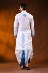 White pure cotton jamdani kurta for men with sky blue ethnic design 5