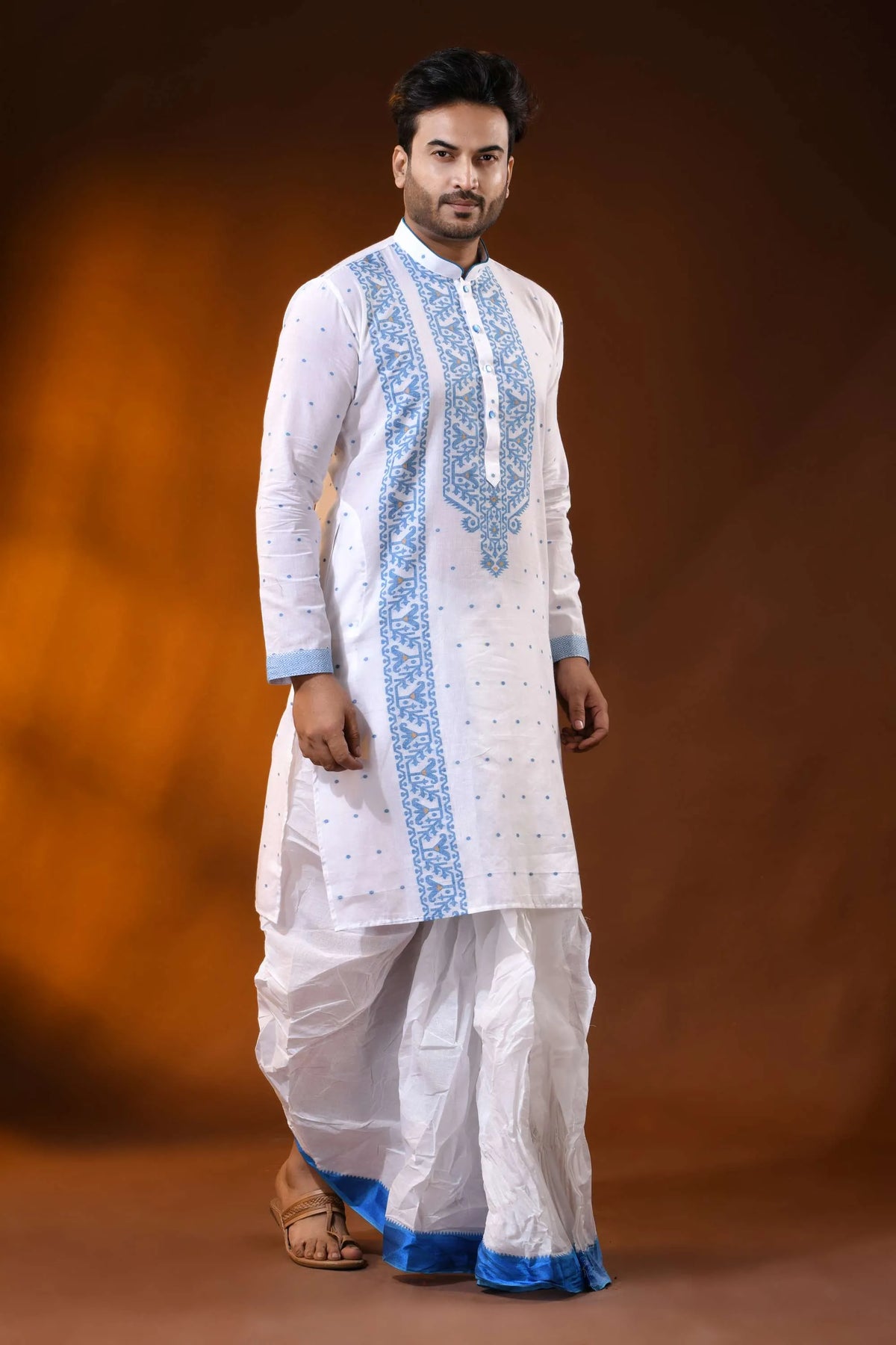 White pure cotton jamdani kurta for men with sky blue ethnic design 4