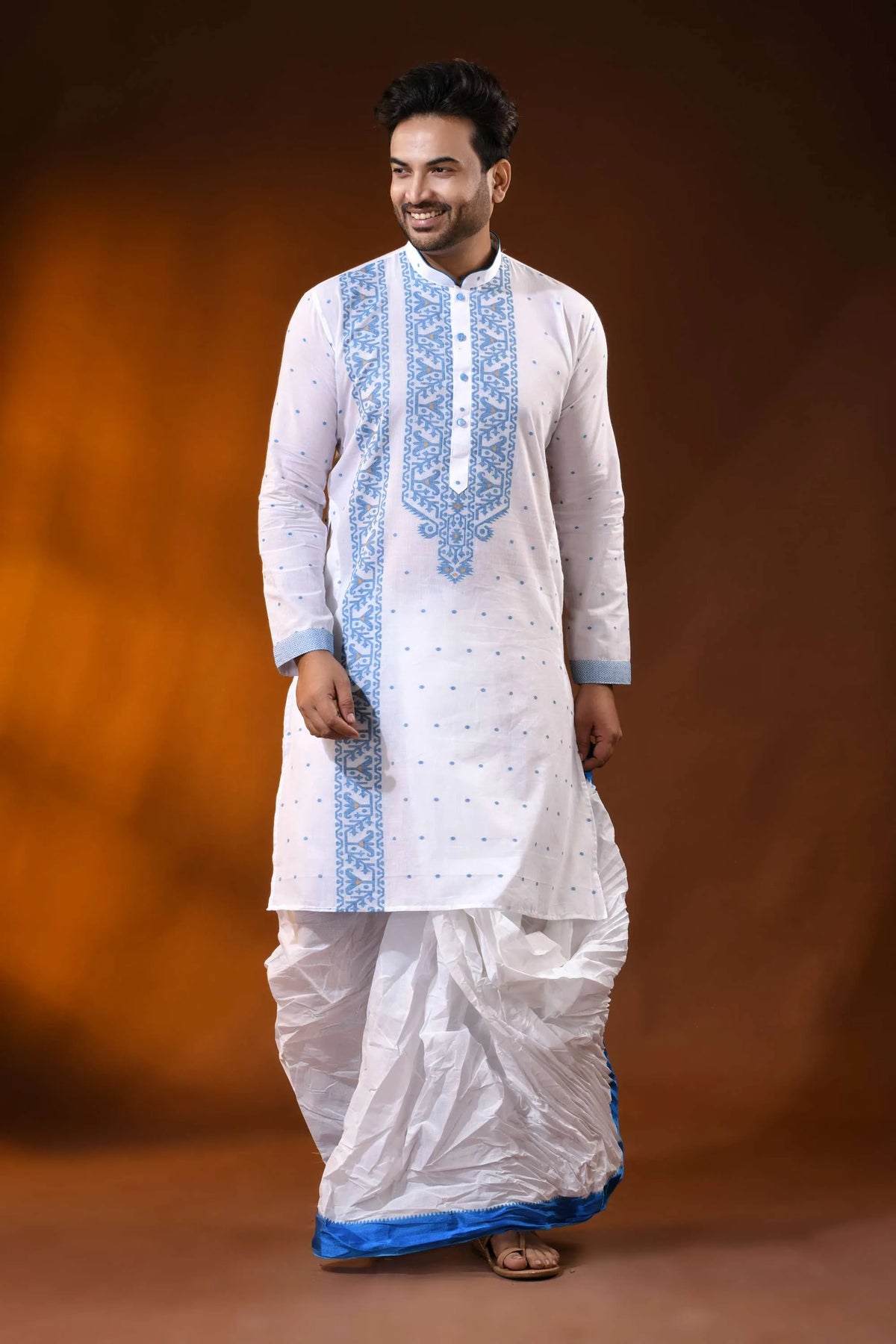 White pure cotton jamdani kurta for men with sky blue ethnic design 1