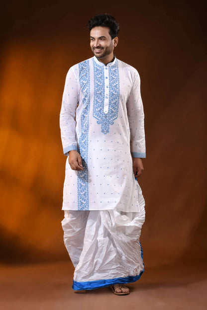 White pure cotton jamdani kurta for men with sky blue ethnic design 1