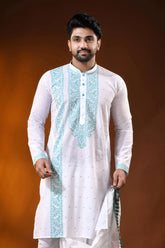 White pure cotton jamdani punjabi for men with aqua ethnic design 2