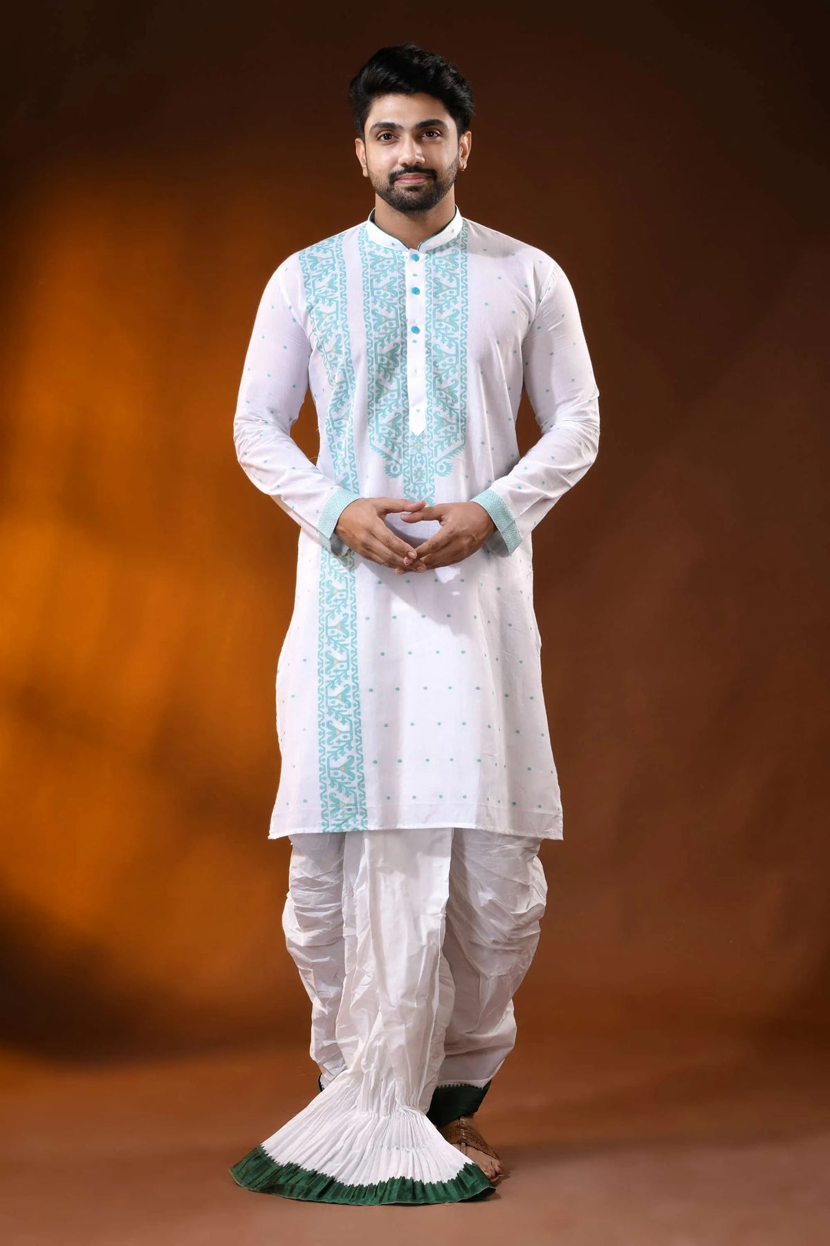 White pure cotton jamdani punjabi for men with aqua ethnic design 1