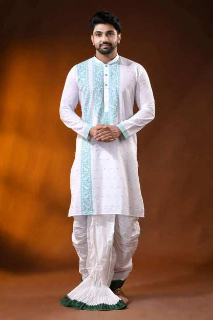 White pure cotton jamdani punjabi for men with aqua ethnic design 4