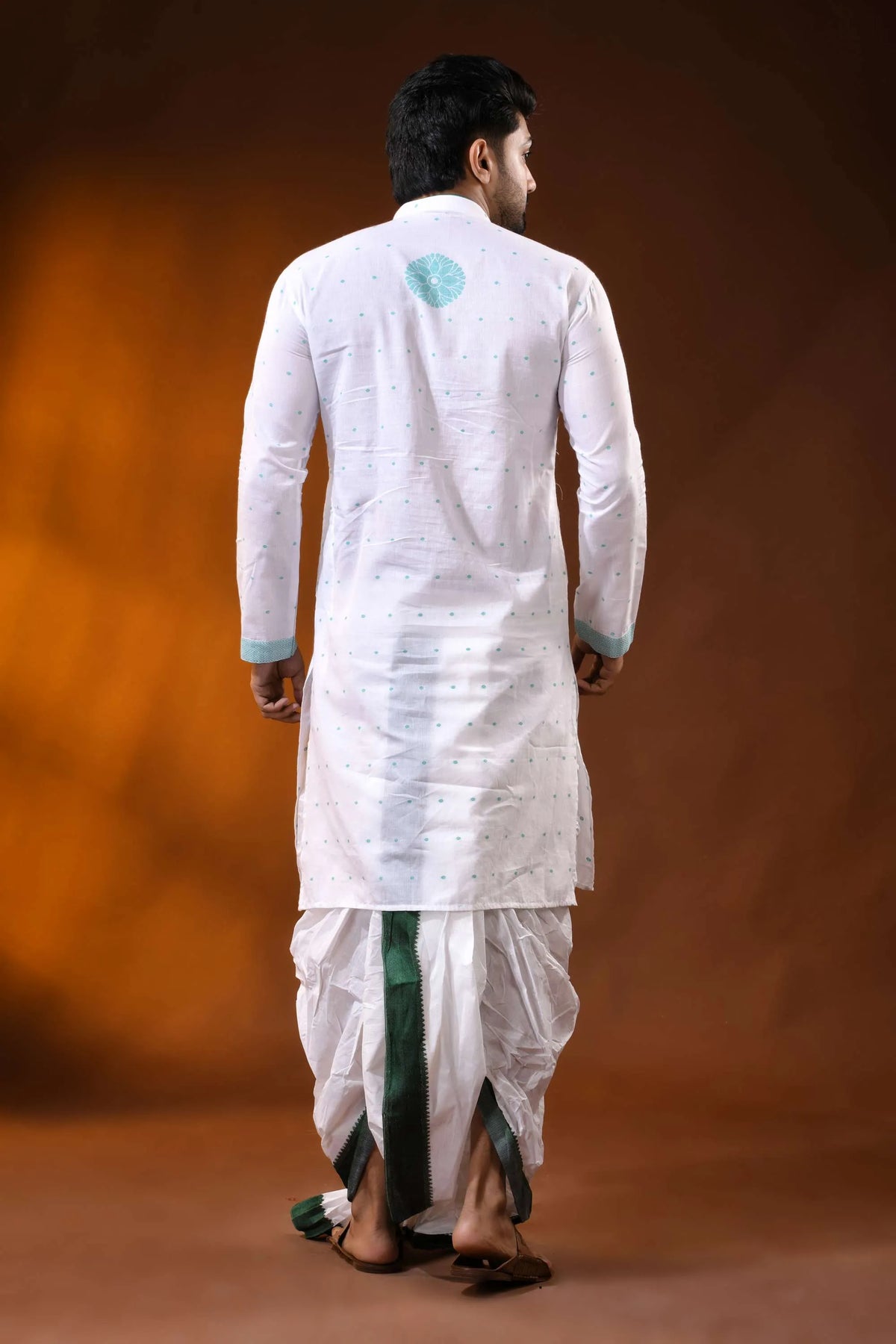 White pure cotton jamdani punjabi for men with aqua ethnic design 6