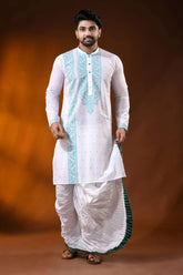 White pure cotton jamdani punjabi for men with aqua ethnic design 7