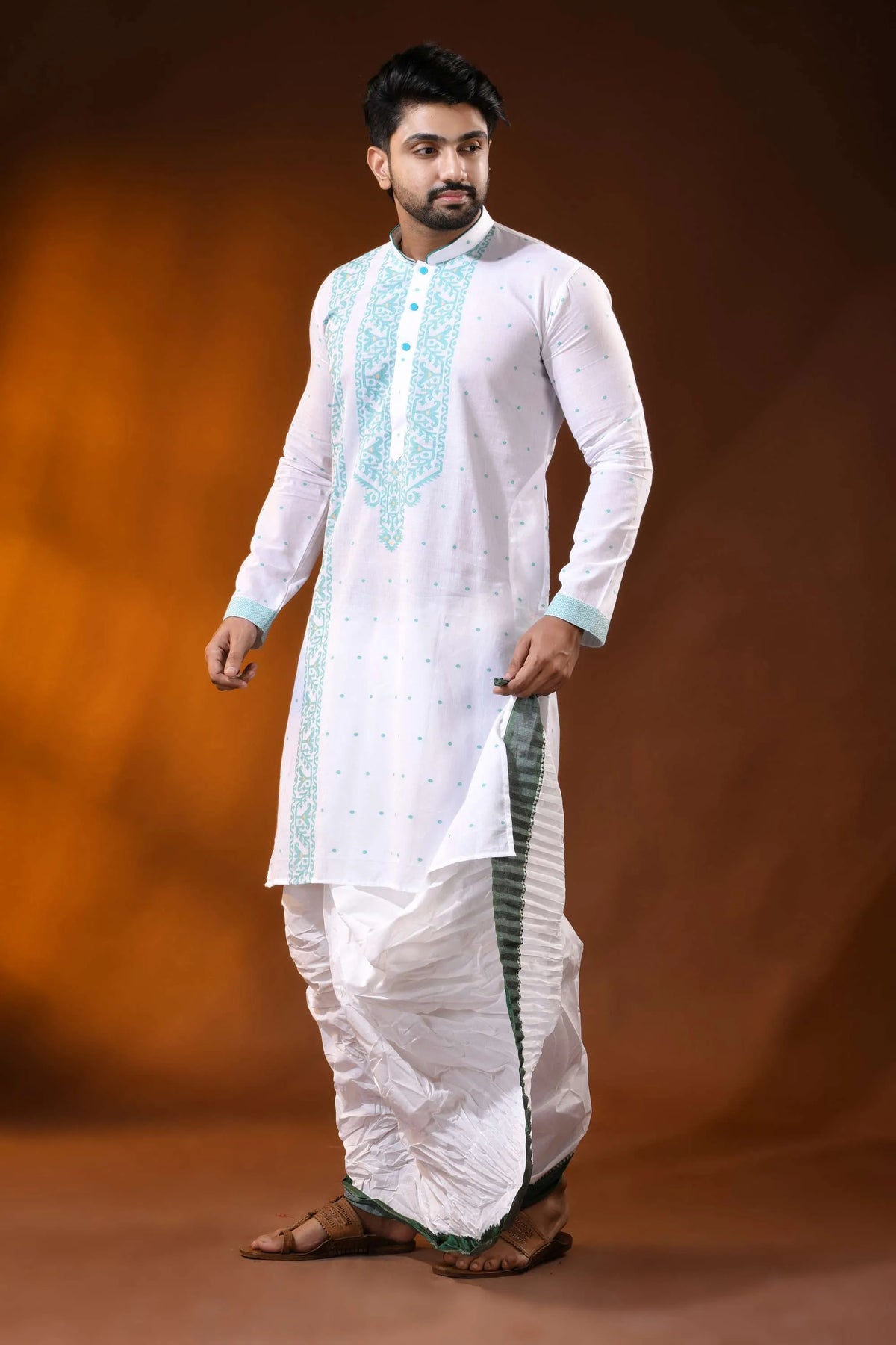 White pure cotton jamdani punjabi for men with aqua ethnic design 3