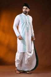 White pure cotton jamdani punjabi for men with aqua ethnic design 5