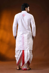 White pure cotton jamdani punjabi for men with floral motif design 5