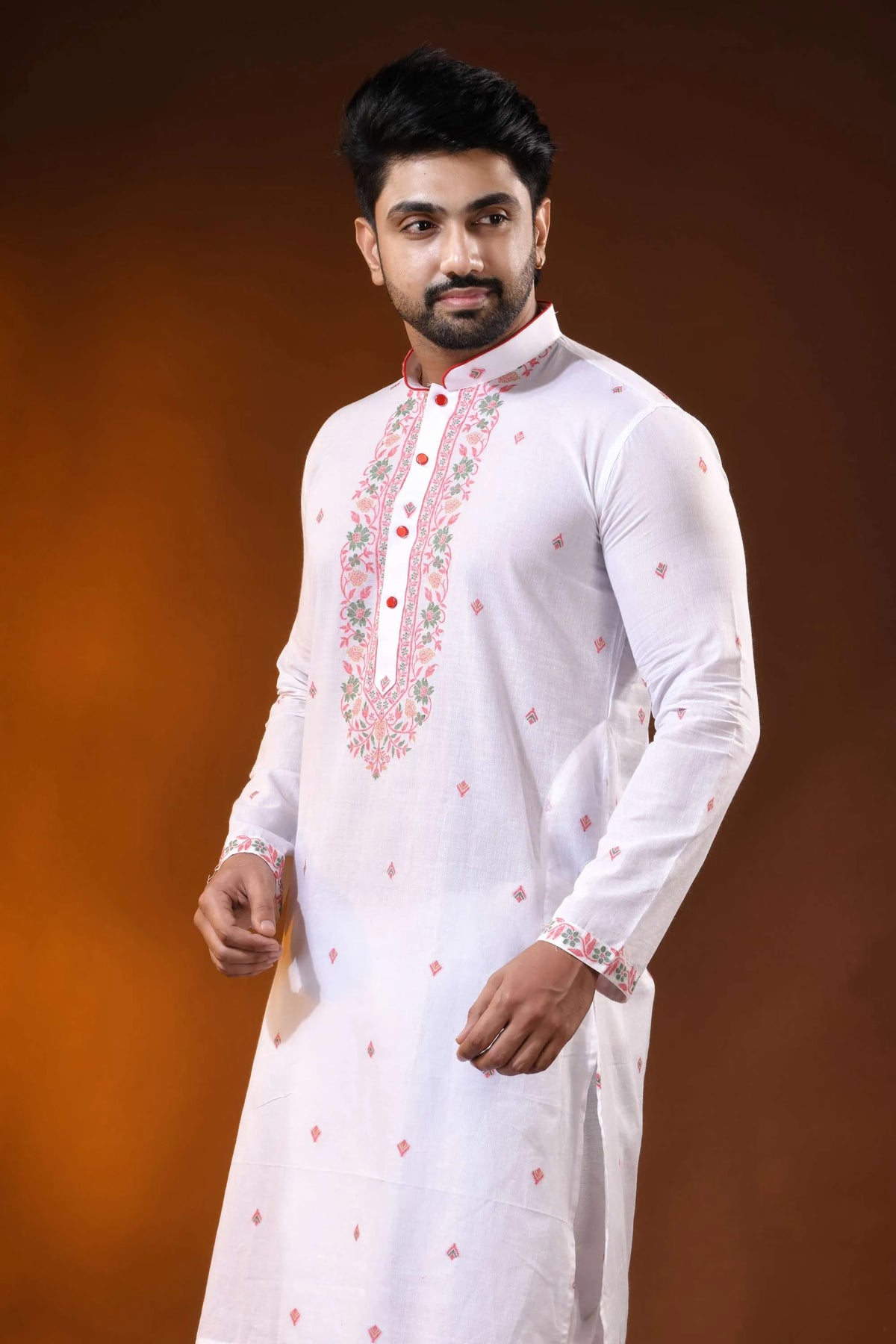 White pure cotton jamdani punjabi for men with floral motif design 2