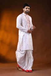 White pure cotton jamdani punjabi for men with floral motif design 4