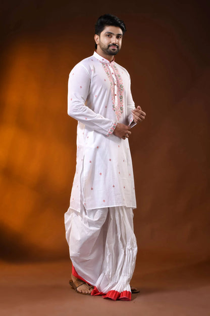 White pure cotton jamdani punjabi for men with floral motif design 4