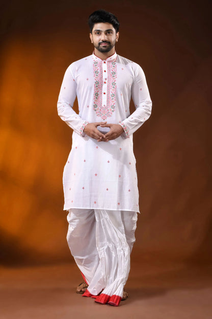 White pure cotton jamdani punjabi for men with floral motif design 1
