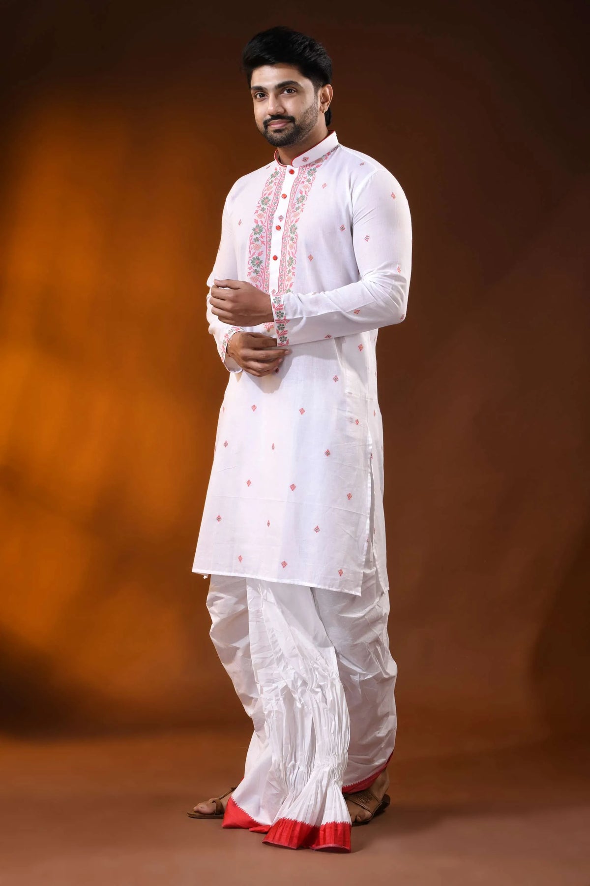 White pure cotton jamdani punjabi for men with floral motif design 6