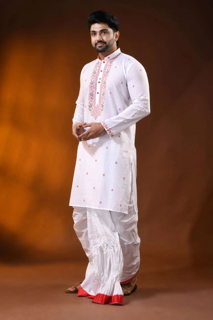 White pure cotton jamdani punjabi for men with floral motif design 3