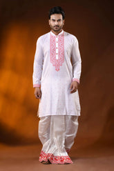 White pure cotton jamdani punjabi for men with red ethnic motifs 1