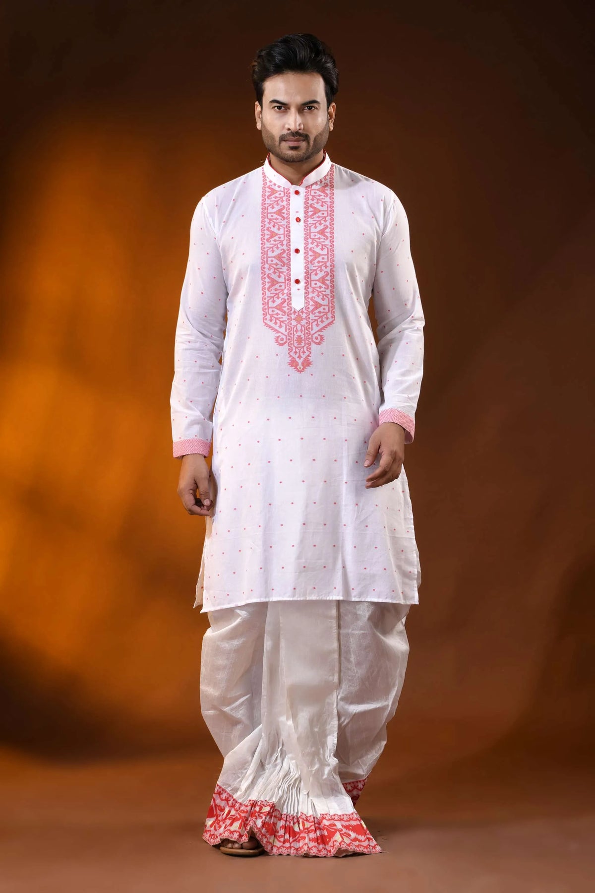 White pure cotton jamdani punjabi for men with red ethnic motifs 1