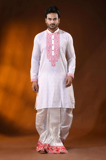 White pure cotton jamdani punjabi for men with red ethnic motifs 1