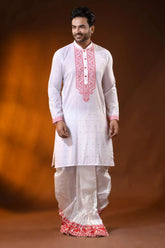 White pure cotton jamdani punjabi for men with red ethnic motifs 6
