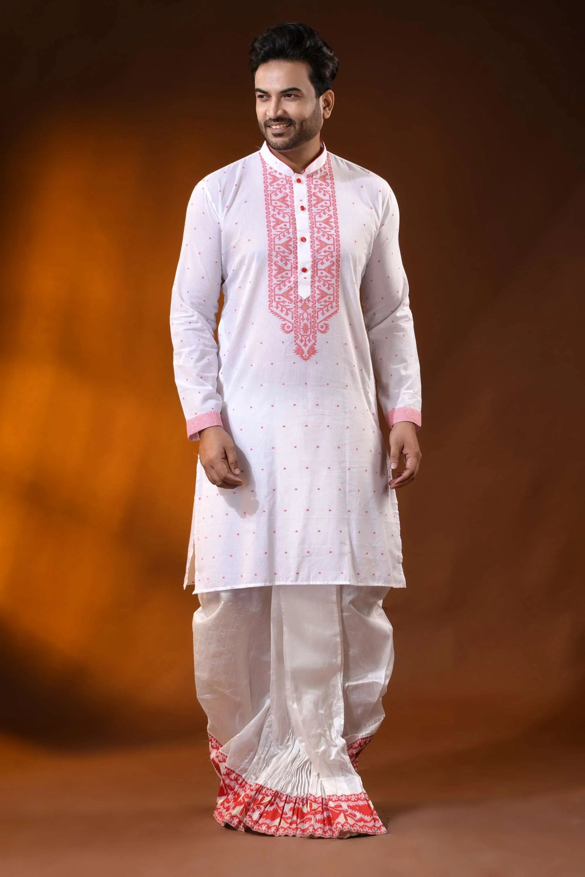White pure cotton jamdani punjabi for men with red ethnic motifs 6