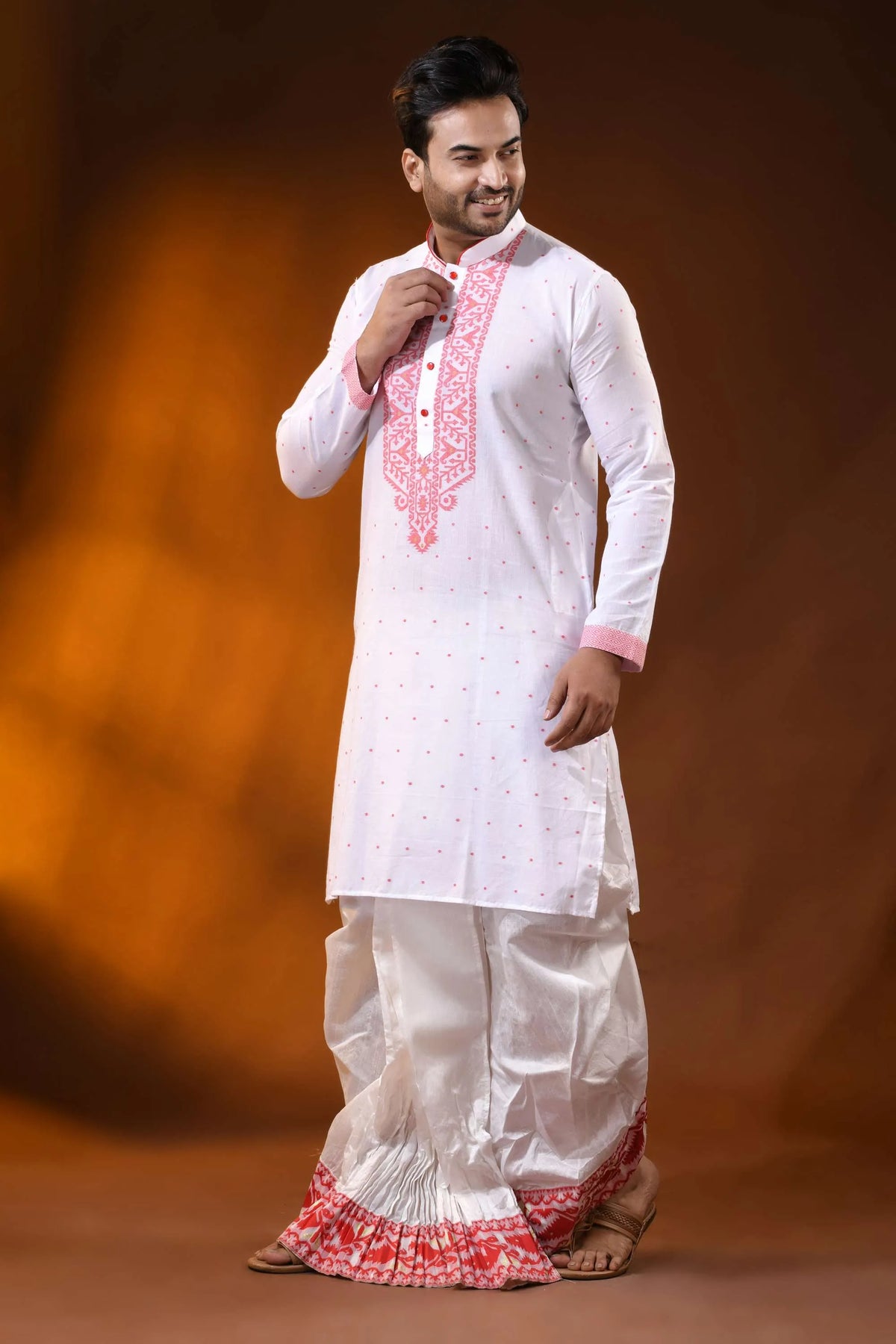White pure cotton jamdani punjabi for men with red ethnic motifs 3