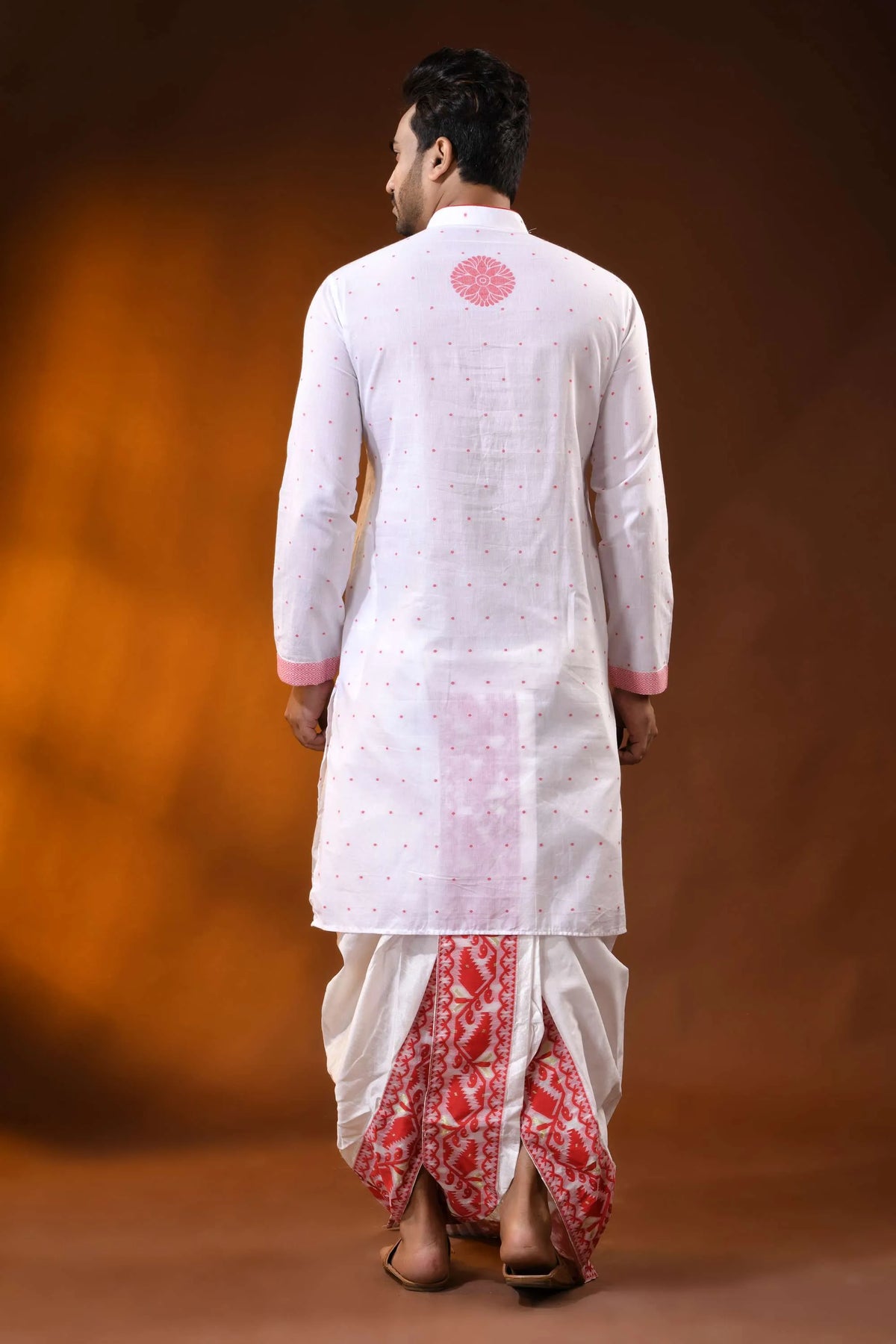 White pure cotton jamdani punjabi for men with red ethnic motifs 5