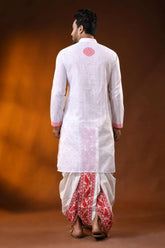White pure cotton jamdani punjabi for men with red ethnic motifs 5