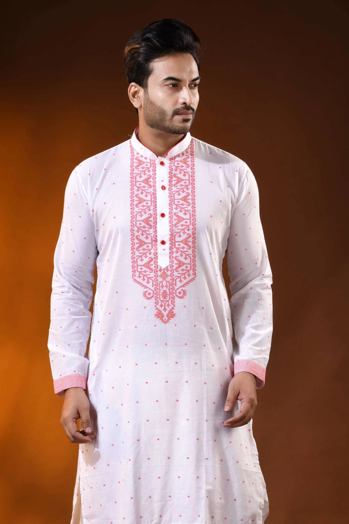 White pure cotton jamdani punjabi for men with red ethnic motifs 2