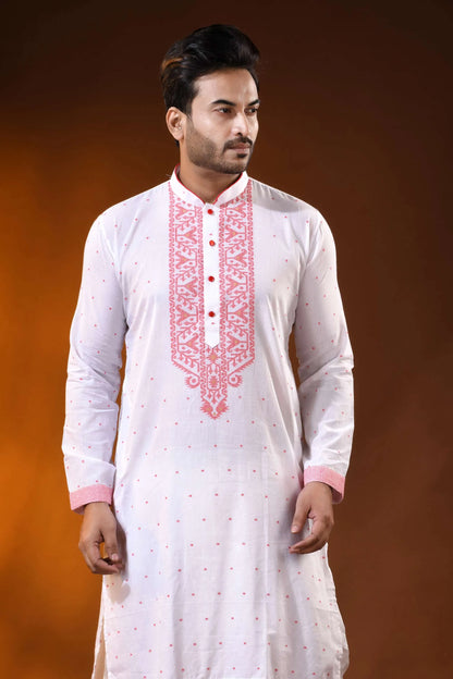 White pure cotton jamdani punjabi for men with red ethnic motifs 2