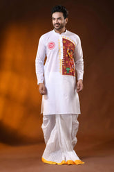 White pure cotton ma durga printed kurta for men - festive ethnic wear 6