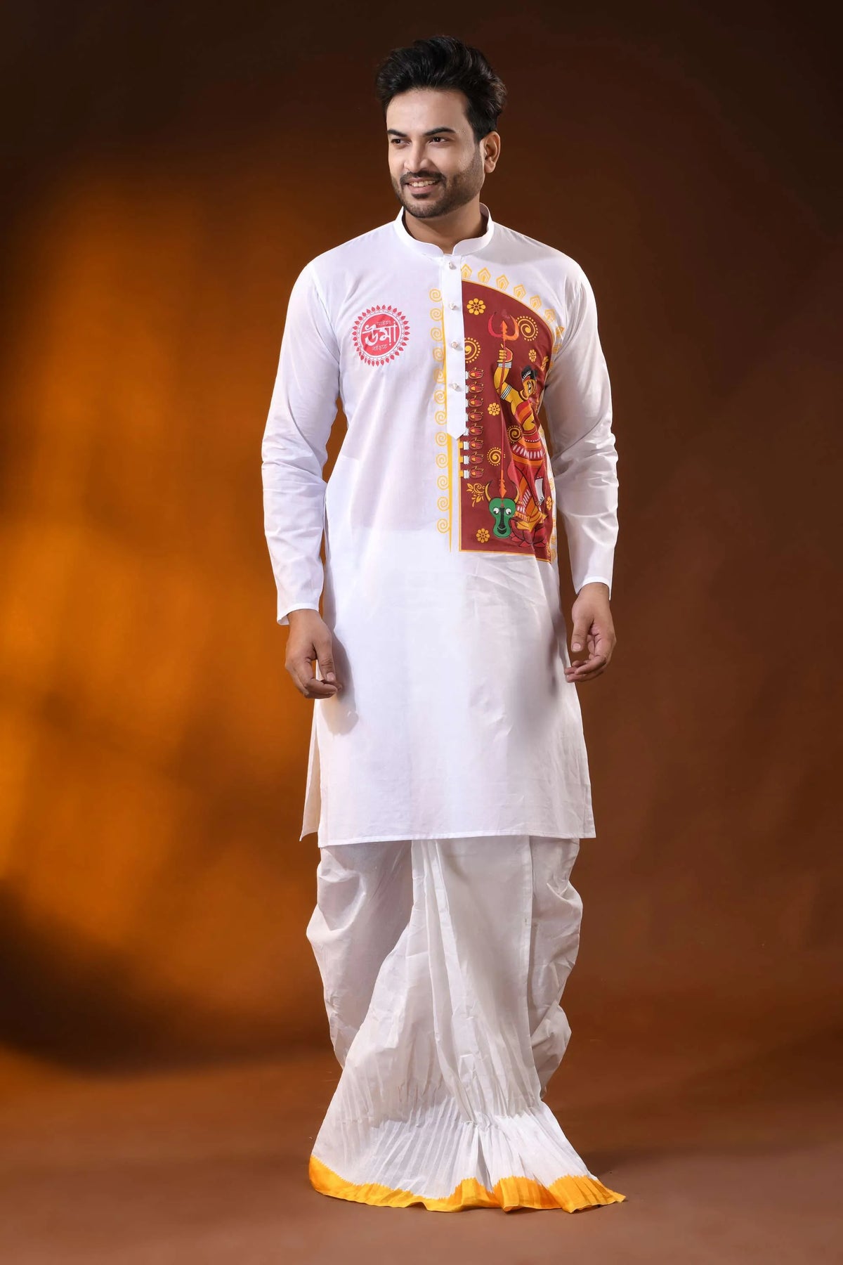 White pure cotton ma durga printed kurta for men - festive ethnic wear 6