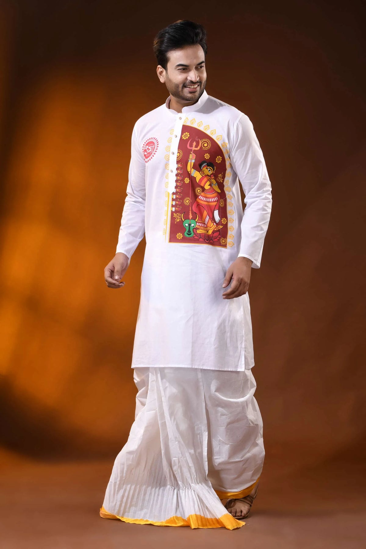 White pure cotton ma durga printed kurta for men - festive ethnic wear 4