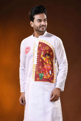White pure cotton ma durga printed kurta for men - festive ethnic wear 2