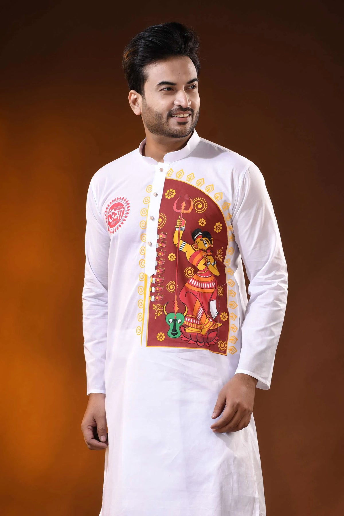 White pure cotton ma durga printed kurta for men - festive ethnic wear 2