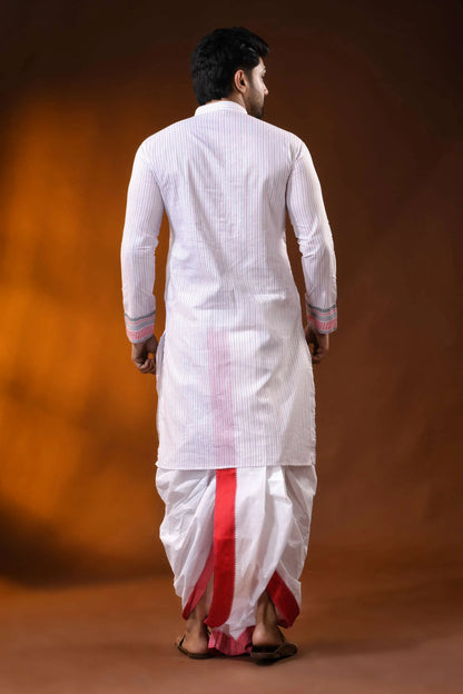 White pure cotton printed punjabi for men with ethnic stripe design 5