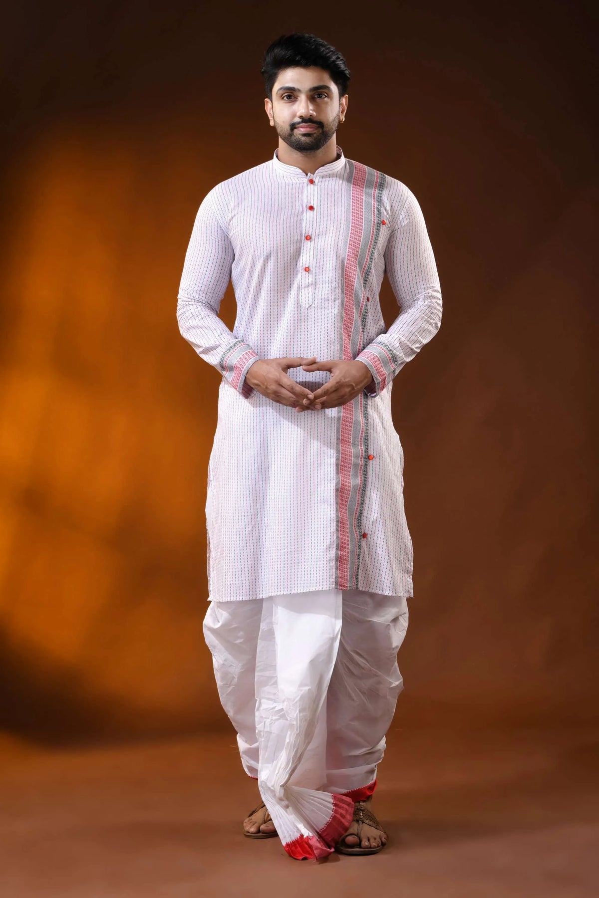 White pure cotton printed punjabi for men with ethnic stripe design 6