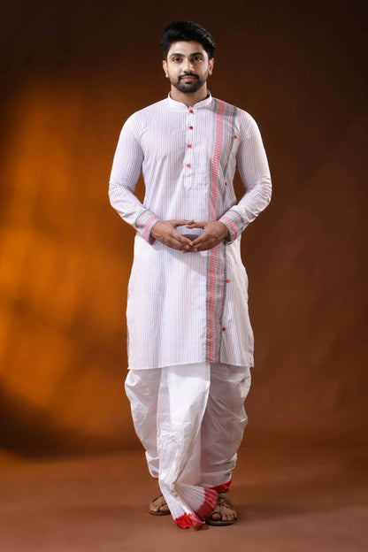 White pure cotton printed punjabi for men with ethnic stripe design 6