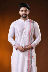 White pure cotton printed punjabi for men with ethnic stripe design 2