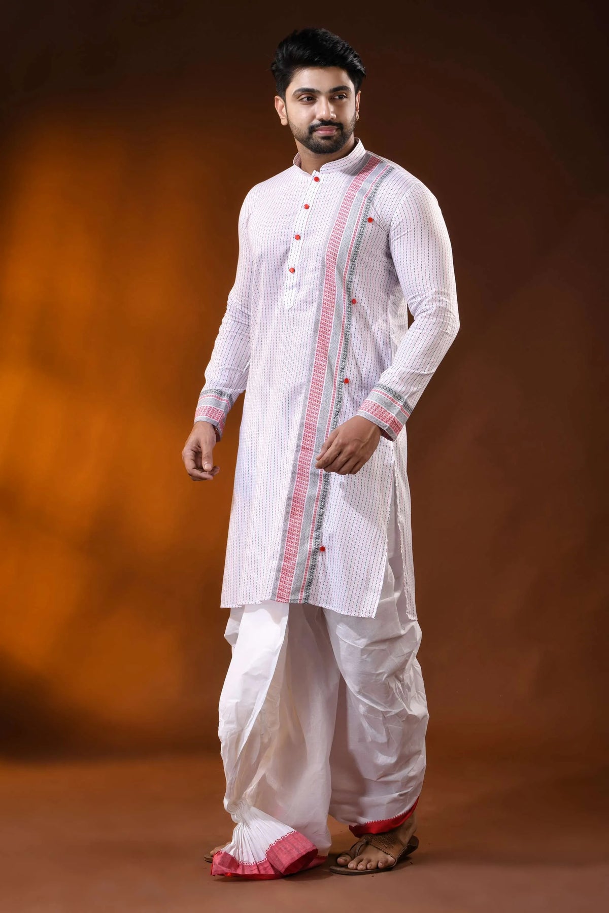 White pure cotton printed punjabi for men with ethnic stripe design 3