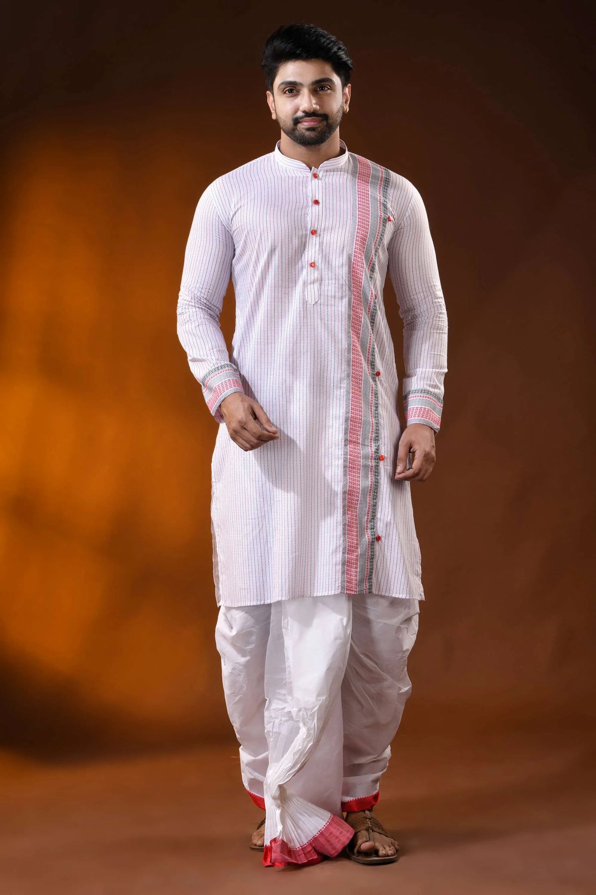 White pure cotton printed punjabi for men with ethnic stripe design 1