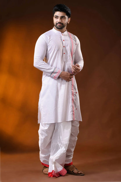 White pure cotton printed punjabi for men with ethnic stripe design 4