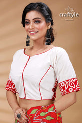 White & Red Batik Work Designer Cotton Blouse - Craftyle