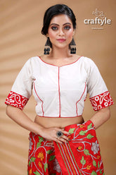 White & Red Batik Work Designer Cotton Blouse - Craftyle
