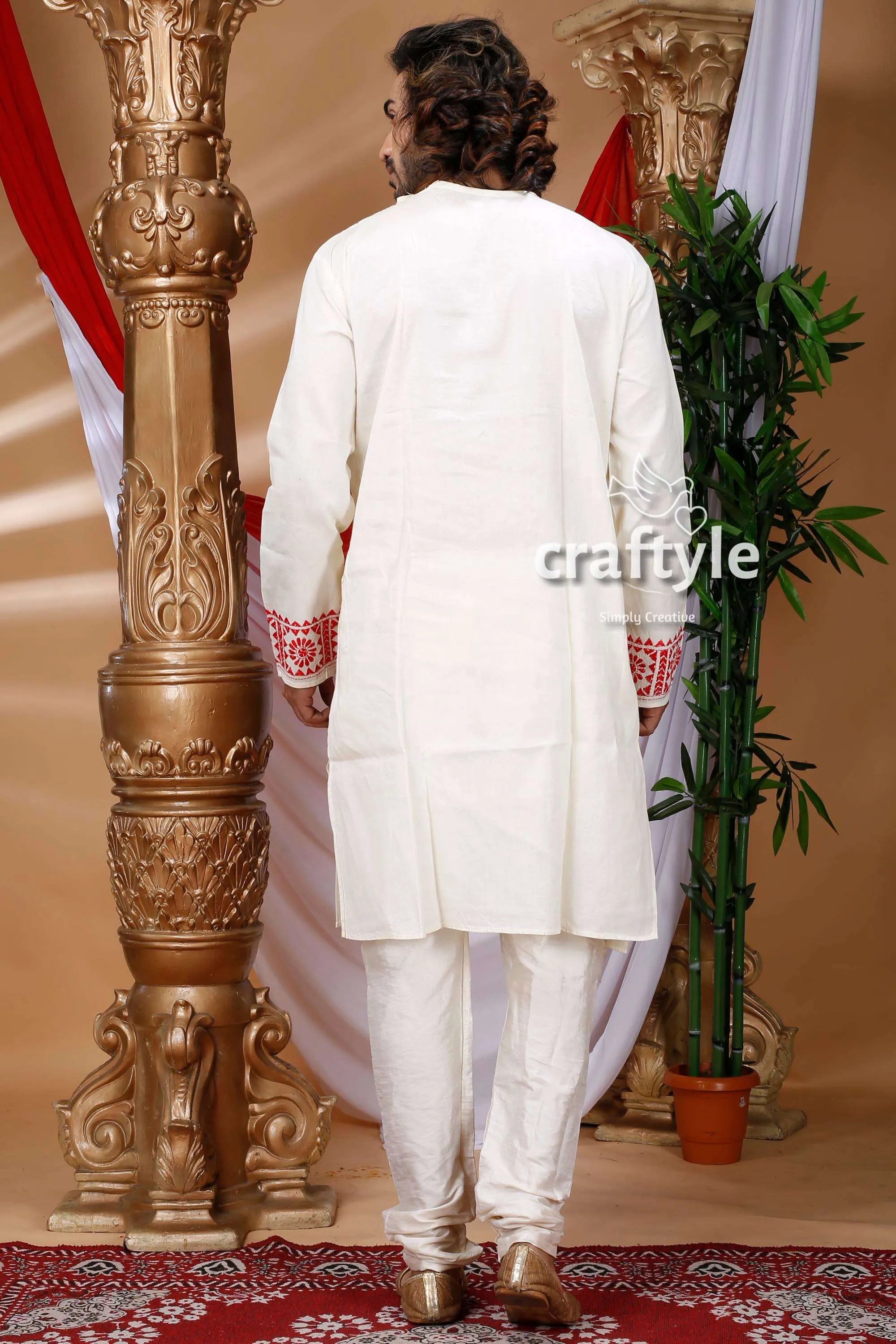 White &amp; red kantha work hand embroidered cotton kurta 4