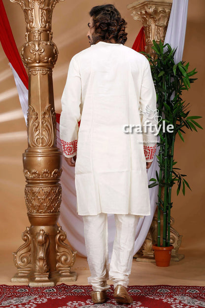 White &amp; red kantha work hand embroidered cotton kurta 4
