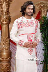 White & red kantha work hand embroidered cotton kurta man intricate 2